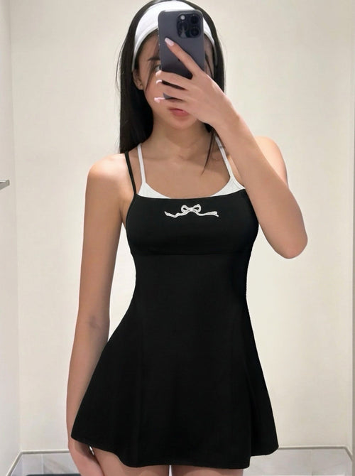 Acqua Épure｜Black Bow Tennis Dress Women’s Built-In Bra Ballet-Inspired Active Dress Acqua Épure