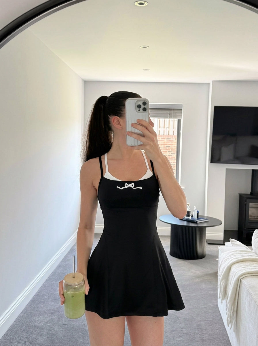 Acqua Épure｜Black Bow Tennis Dress Women’s Built-In Bra Ballet-Inspired Active Dress Acqua Épure